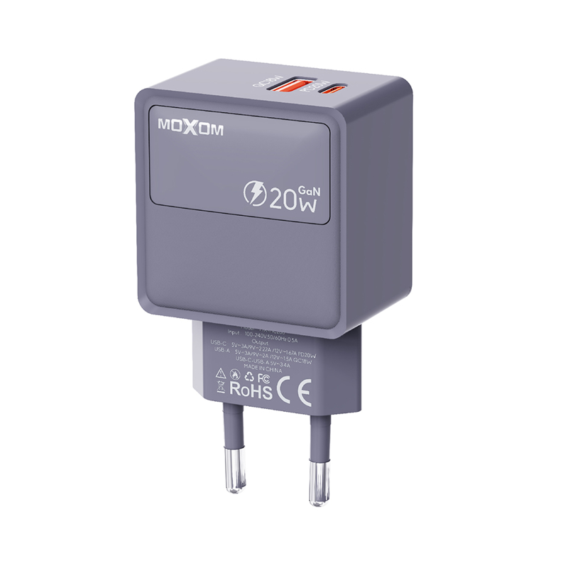 Slika od Kuciste punjaca MOXOM MX-HC286 Type C + USB 20W sivi